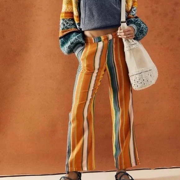 Free People Anthropologie Women’s Boho Striped Pants Orange Green Pink Blue 4 - Picture 5 of 13